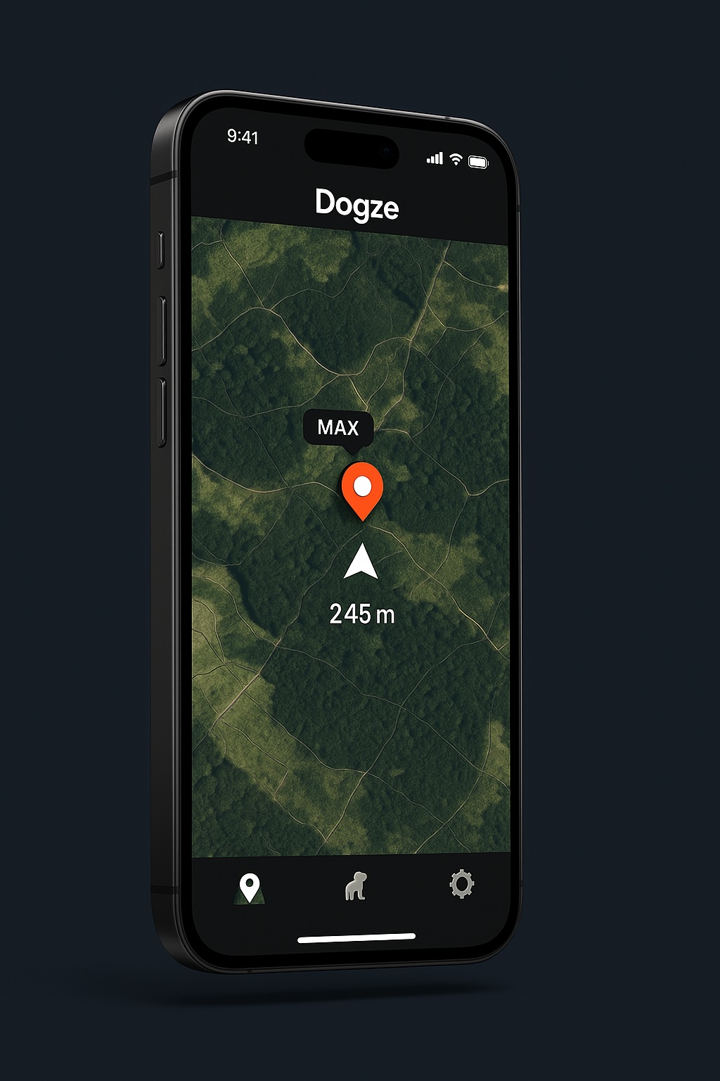 E217ADAF-6331-429D-9298-5000FE43ED6F iPhone affichant l'application Dogze avec carte de suivi GPS chien en temps réel