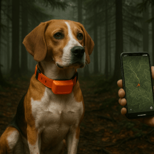 Collier GPS chasse Dogze 4G orange sur fond forêt automne - GPS 4G sans centrale