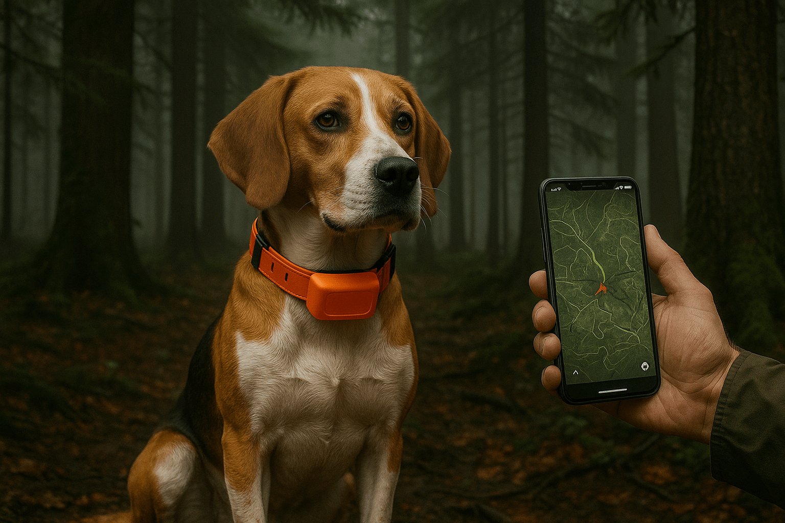 Collier GPS chasse Dogze 4G orange sur fond forêt automne - GPS 4G sans centrale