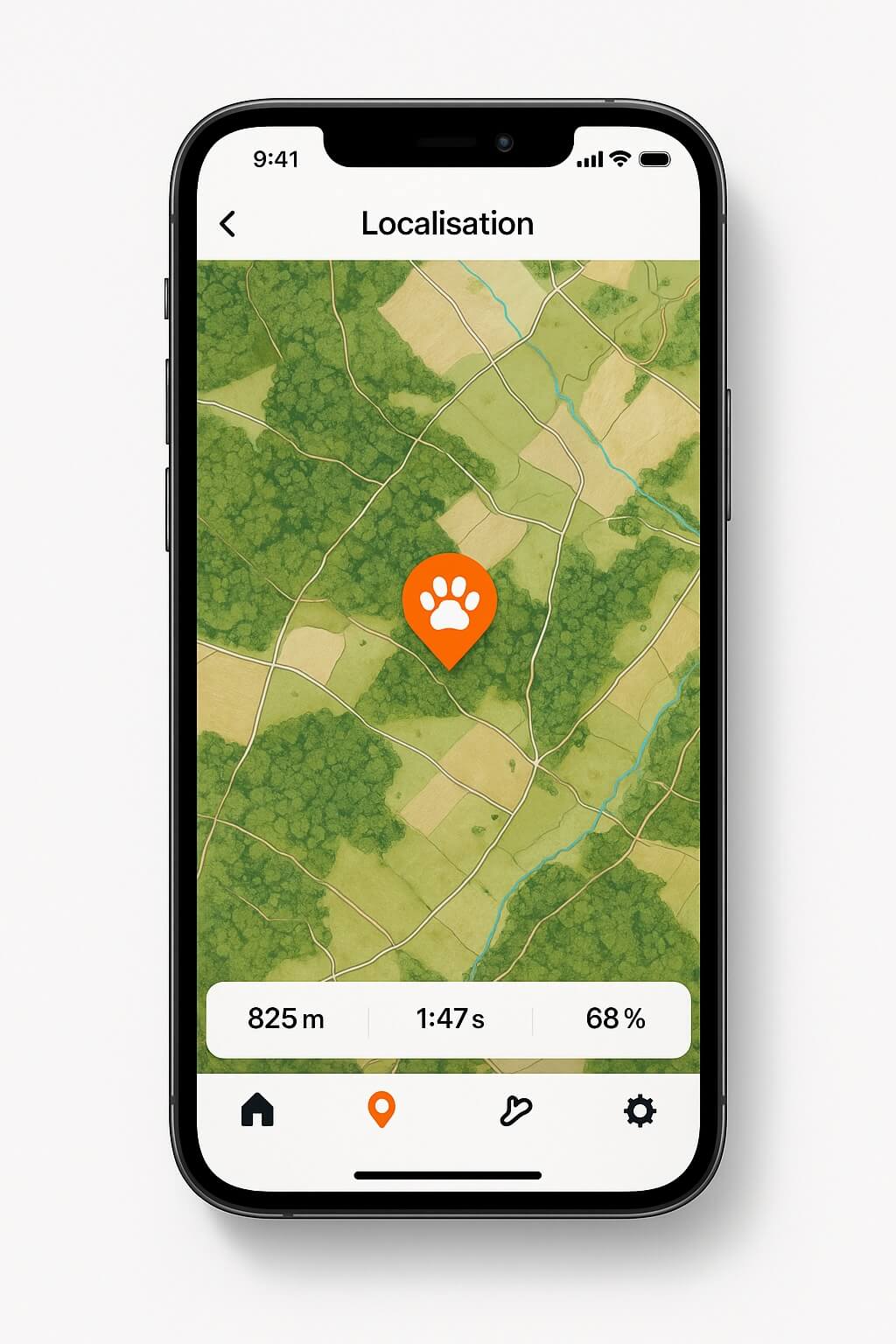 Application mobile Huntpower sur iPhone montrant carte GPS avec repérage chien en temps réel
