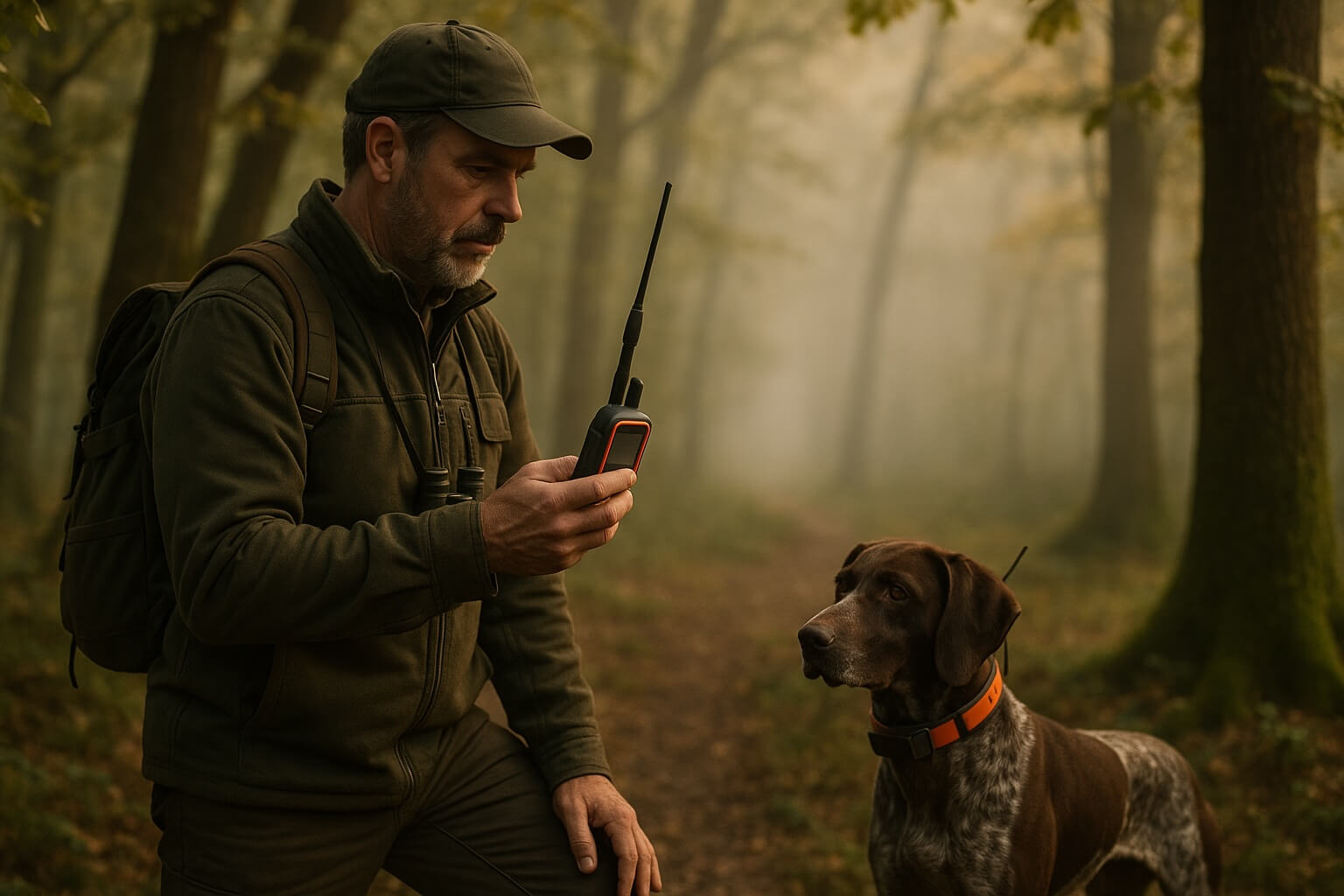Chasseur en forêt utilisant équipement Huntpower avec collier GPS Garmin sur son chien