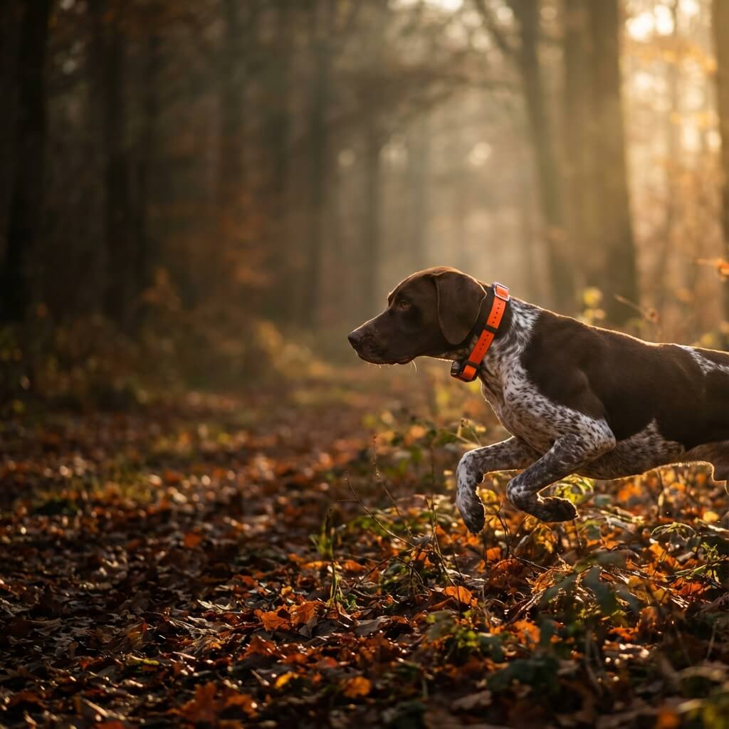 Chien de chasse avec collier GPS Dogze 4G orange en forêt